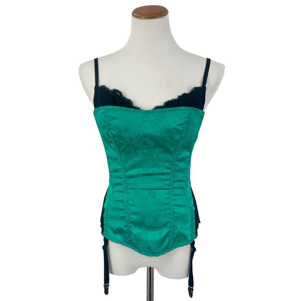 VTG Frederick's Green Brocade Corset Garter Burlesque Coquette Whimsigoth Y2K - Picture 13 of 15